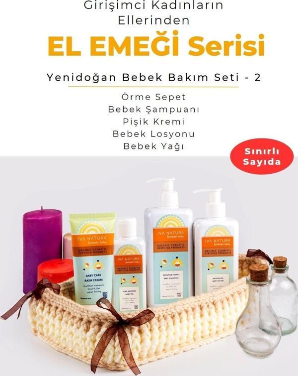 Iva Natura El Emeği Serisi Yenidoğan Bebek Bakım Seti Örme Sepet Şampuan Yağ Losyon Pişik Kremi - Image 1
