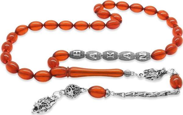 Kararmaz Metal Püsküllü Kişiye Özel İsim Yazılı Arpa Kesim Amber Kırmızı Ateş Kehribar Tesbih - Image 1