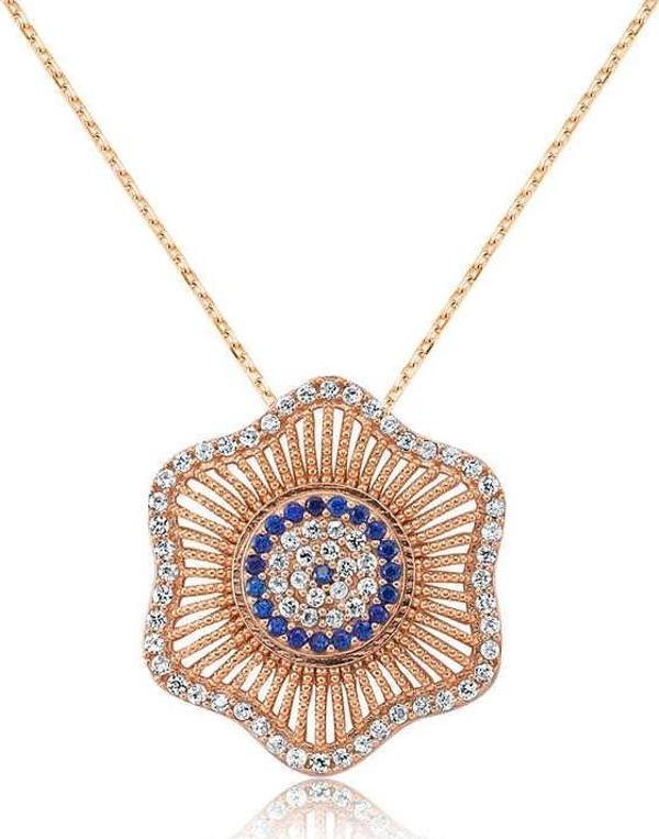 Gümüş Nazarlı Çiçek Bayan Kolye SL1722 - Image 1