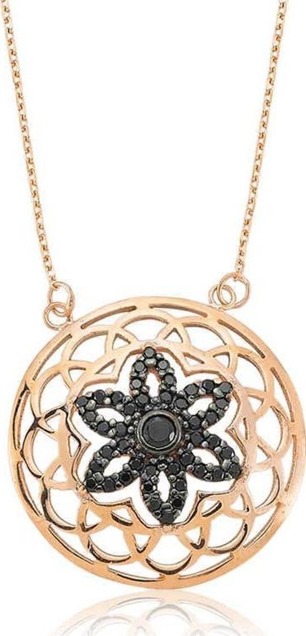 Gümüş Siyah Yaşam Çiçeği Bayan Kolye SL1809 - Image 1