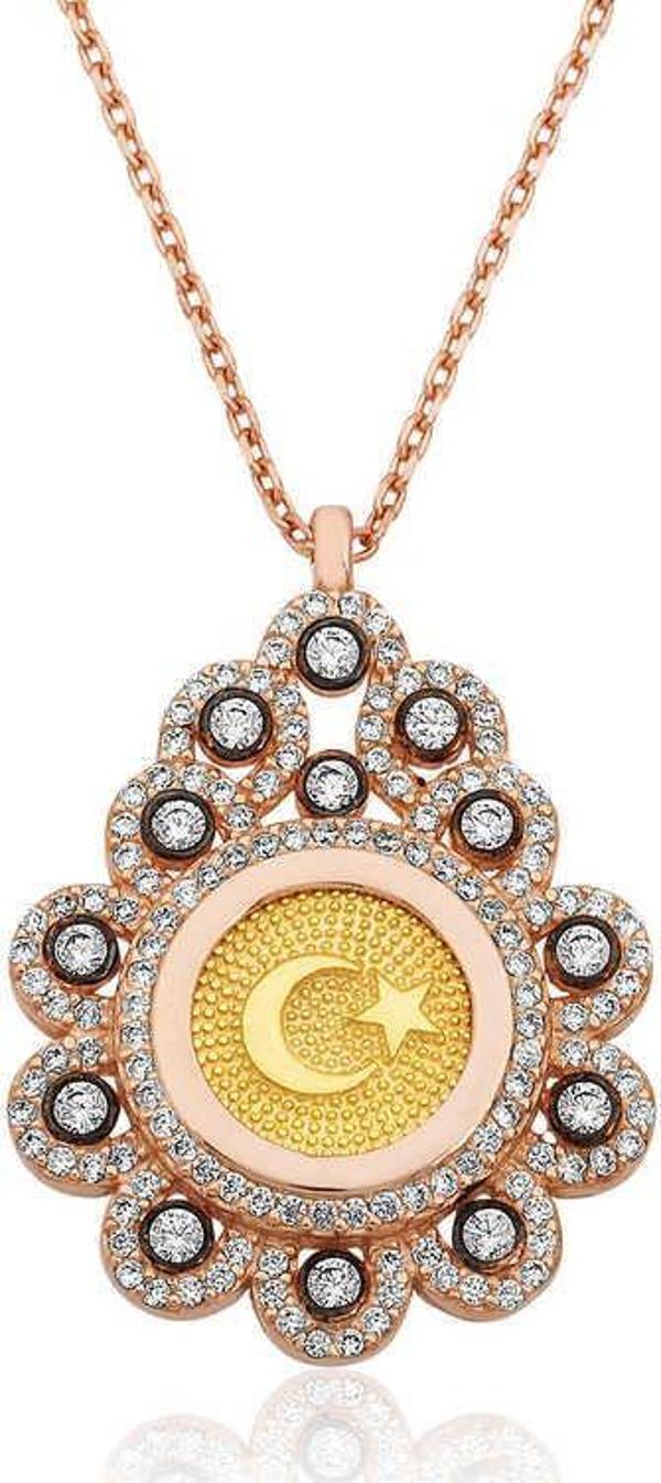 Gümüş Rose Damla Çerçeveli Ay Yıldız Bayan Kolye SL2870 - Image 1