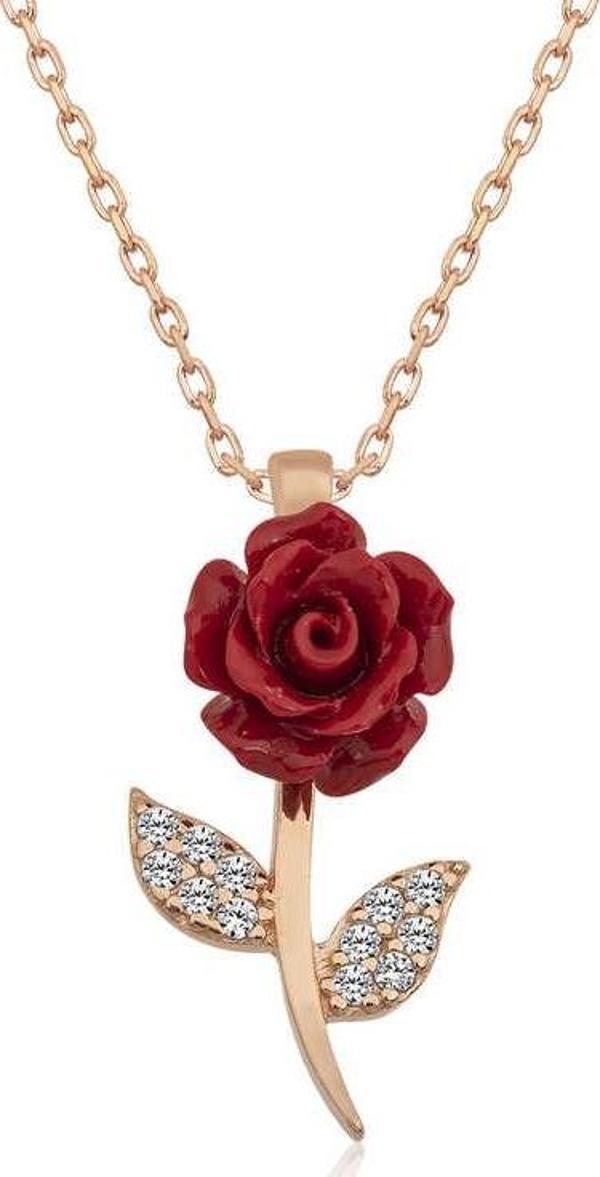 ​Gümüş Rose Kırmızı Gül Kolye  SL3592 - Image 1
