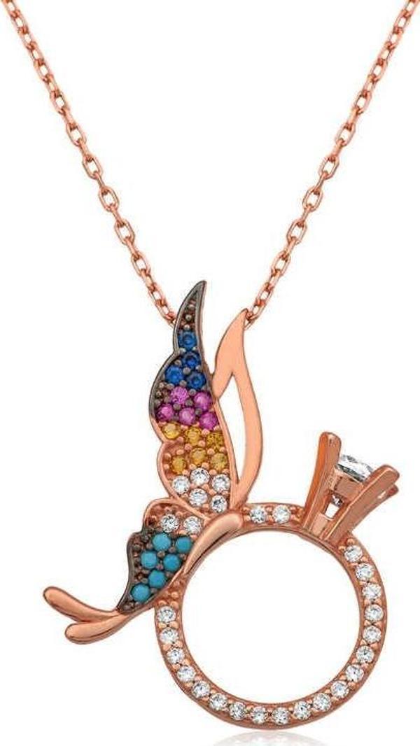 Gümüş Tek Taş Yüzüklü Kelebek Kolye SL1281 - Image 1