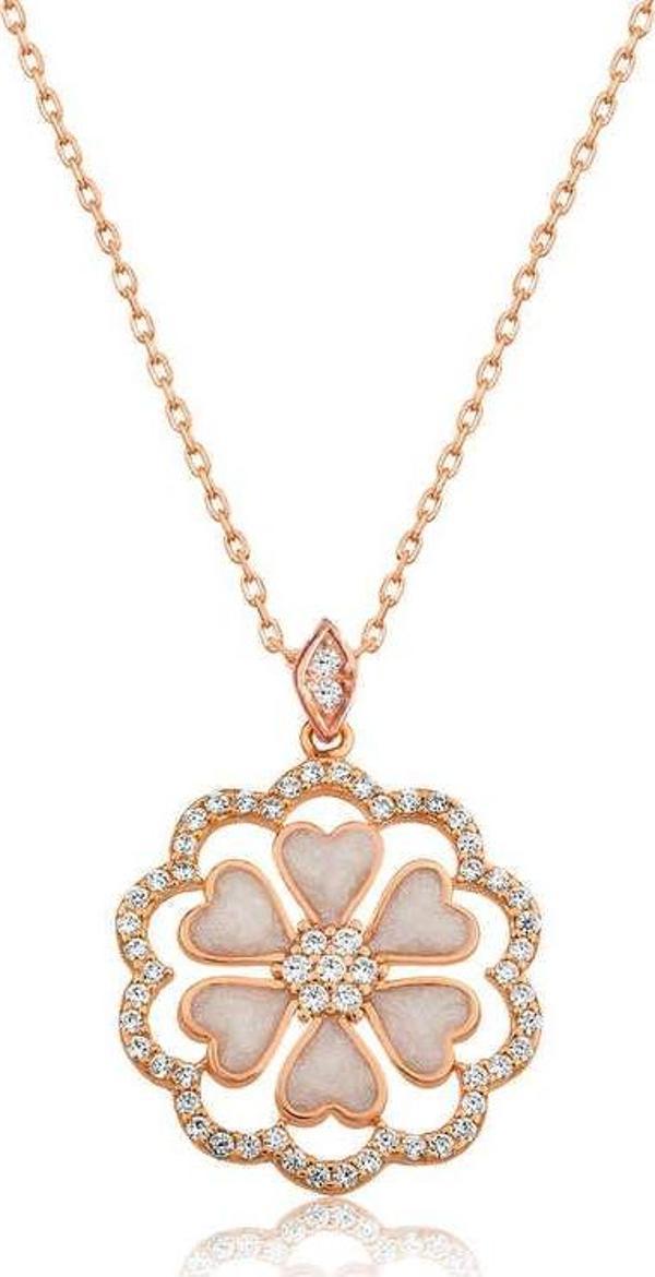 Gümüş Rose Kalp Çiçek Bayan Kolye SL3532 - Image 1