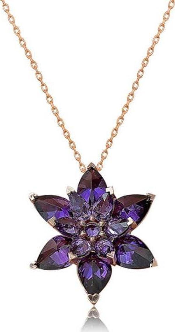 Gümüş Rose Mor Lotus Çiçeği Kolye  SL3743 - Image 1