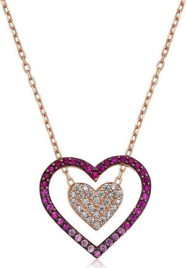 Gümüş Rose İki Kalp Bayan Kolye  SL3163 - Image 1