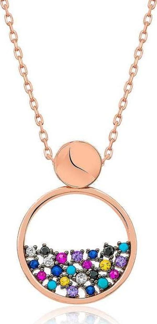 ​Gümüş Rose Mix Taşlı Çiğ Damlası Bayan Kolye SL3644 - Image 1