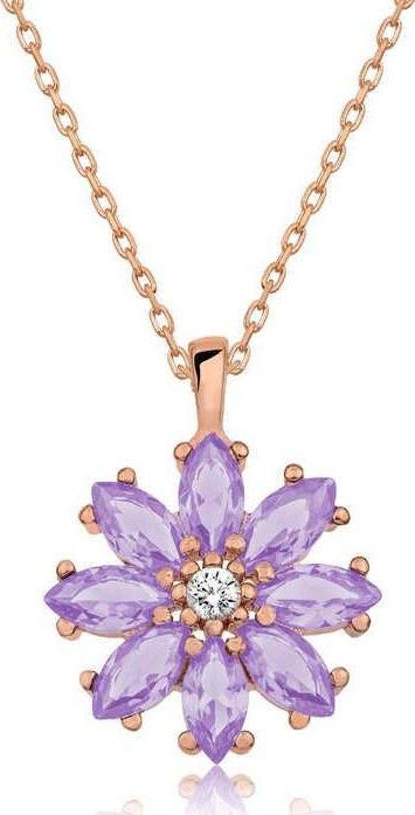 Gümüş Rose Lila Çiçek Kolye SL3762 - Image 1