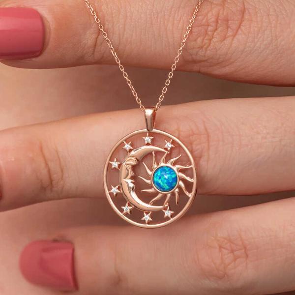 Gümüş Rose Opal Mavi Taşlı Ay Güneş Kadın Kolye  SL7285 - Image 1