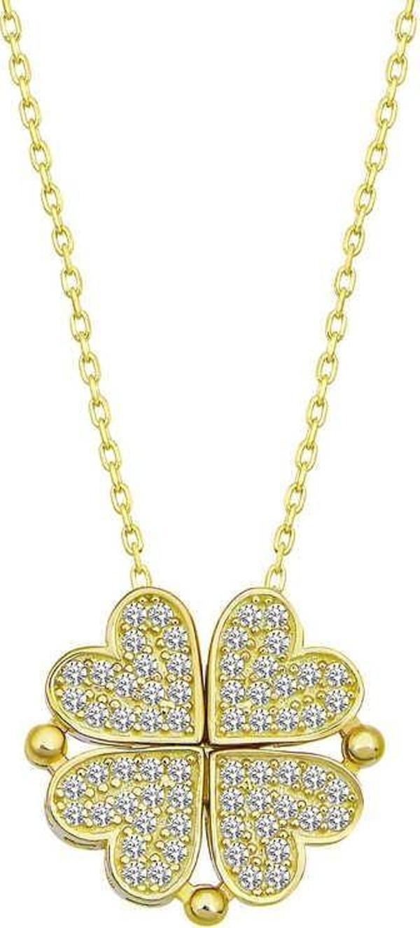 Gümüş Gold Kalpli Açılabilen Yonca Kadın Kolye  SL5017 - Image 1