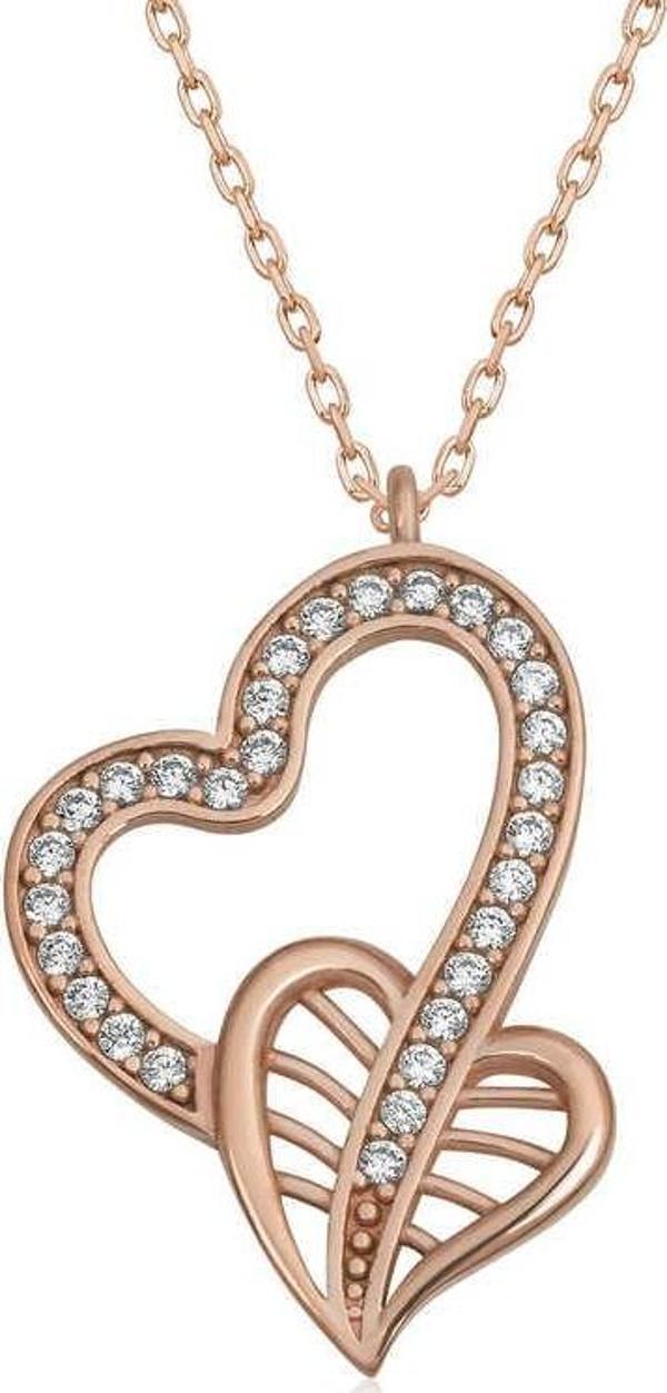 Gümüş Rose Birleşmiş Kalpler Kadın Kolye SL4755 - Image 1