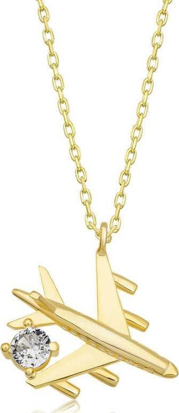 Gümüş Gold Tek Taşlı Uçak Kadın Kolye SL2044 - Image 1