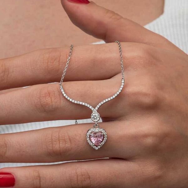 Gümüş Pembe Zirkon Taşlı Kalp Kadın Kolye SL9237 - Image 1