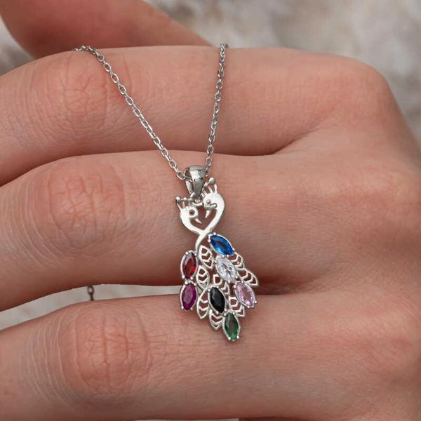 Gümüş Renkli Taşlı Tavus Kuşu Kadın Kolye  SL9965 - Image 1