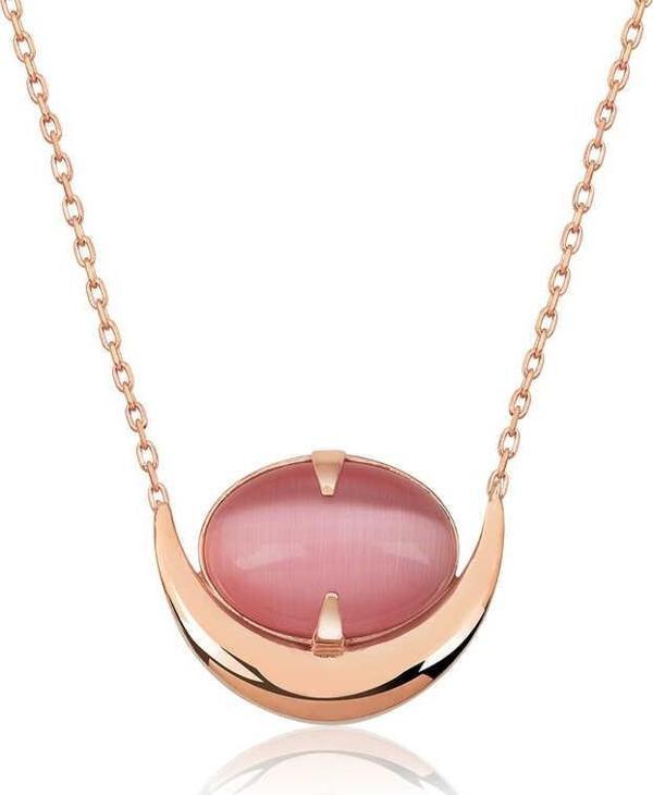 Gümüş Pembe Kedi Gözü Taşlı Hilal Kolye SL3419 - Image 1