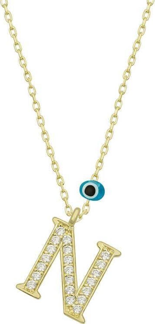 Gümüş Nazar Gold N Harfi Kadın Kolye SL4907 - Image 1