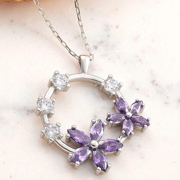 Gümüş Mor Çiçek KadIn Kolye SL5991 - Image 1