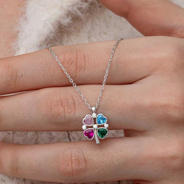 Gümüş Renkli Taşlı Kalp Figürlü Yonca Kolye SL9968 - Image 1