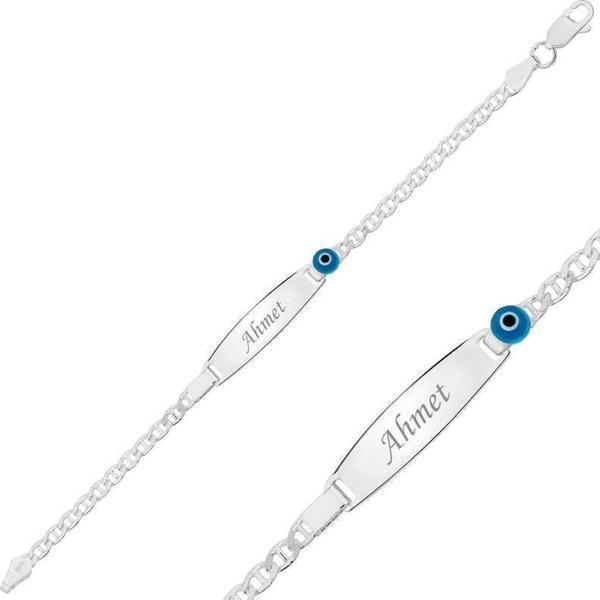 Gümüş Mavi Boncuklu Plaka Çocuk Bileklik BR0460604 - Image 1