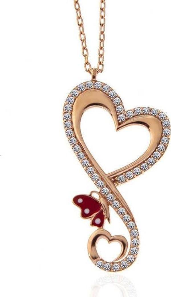 Gümüş Rose Kalpli Kelebek Kadın Kolye SL5311 - Image 1