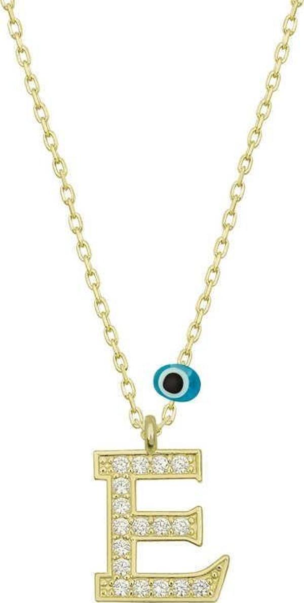 Gümüş Nazar Gold E Harfi Kadın Kolye SL4892 - Image 1