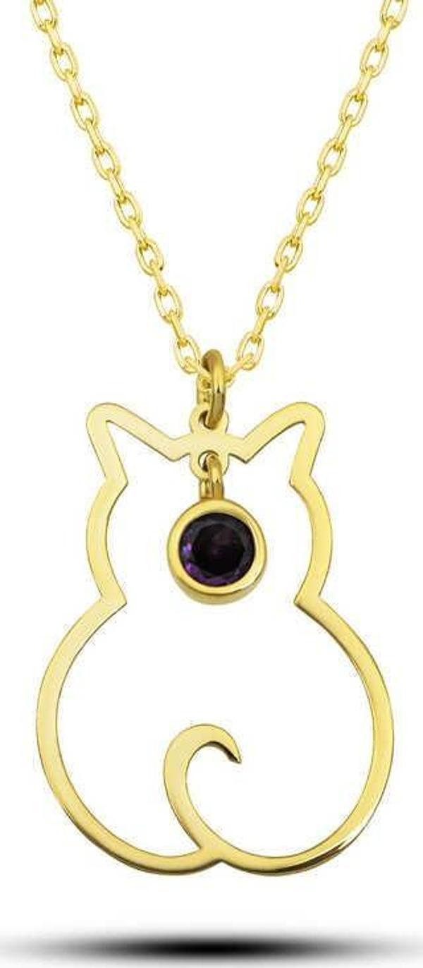 Gümüş Şubat Ayı Doğum Taşı Kedi Kadın Kolye SL6414 - Image 1