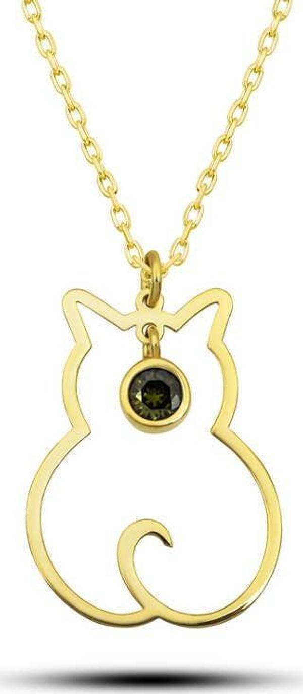Gümüş Ağustos Ayı Doğum Taşı Kedi Kadın Kolye  SL6416 - Image 1