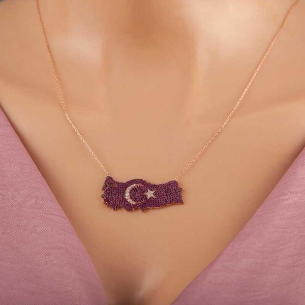 Gümüş Rose Ay Yıldız Türkiye Haritası Kadın Kolye  SL5324 - Image 1