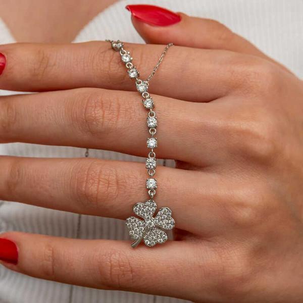 Gümüş Sıralı Zirkon Taşlı Yonca Kadın Kolye SL9139 - Image 1