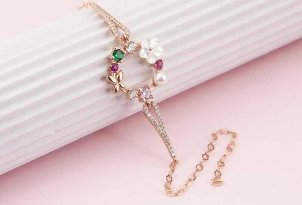 Gümüş Rose Renkli Manolya Çiçeği  Kadın Bileklik SL5286 - Image 1