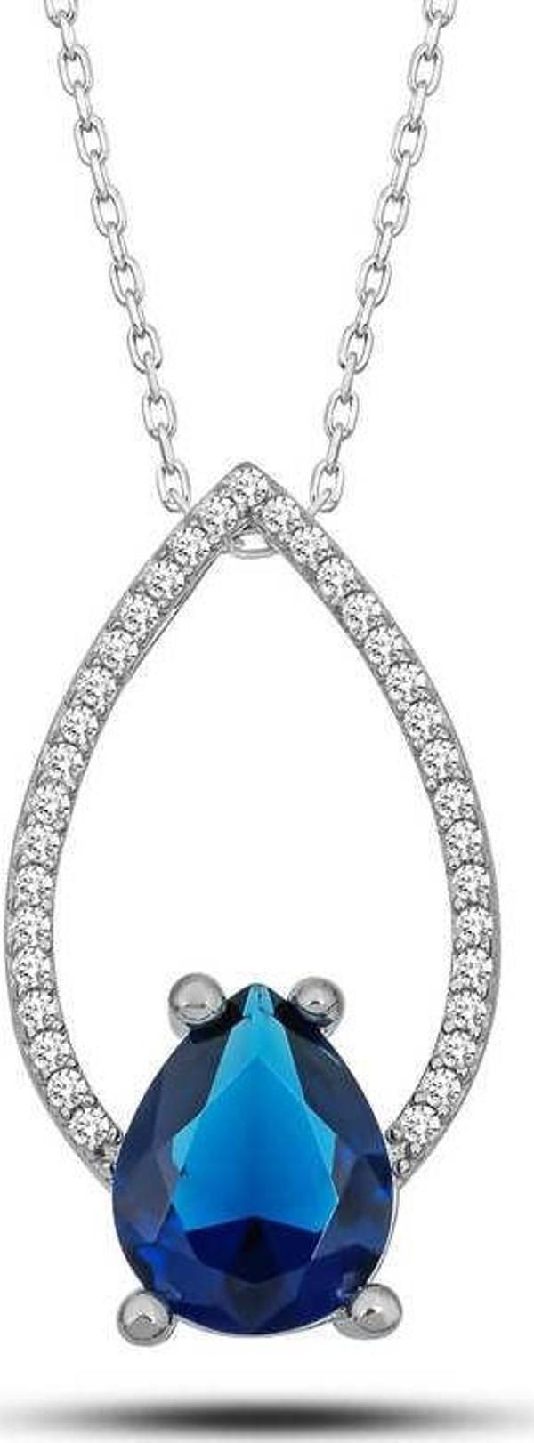 Gümüş Mavi Taşlı Damla Kadın Kolye SL5275 - Image 1