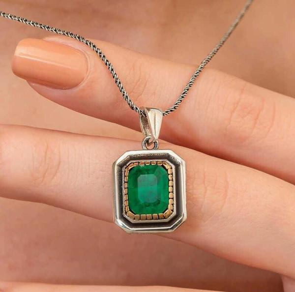 Gümüş Yeşil Taşlı Otantik Kadın Kolye SL9640 - Image 1