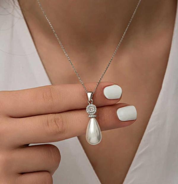 Gümüş Damla İnci Kadın Kolye SL6923 - Image 1