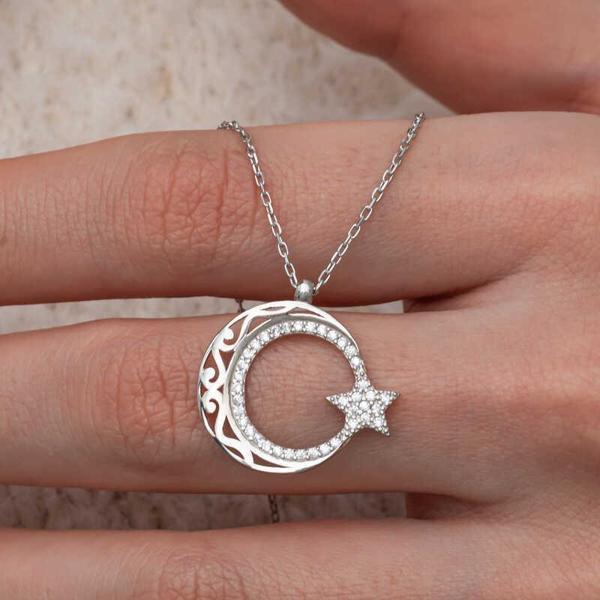Gümüş Desenli Ay Yıldız Kadın Kolye  SL9966 - Image 1