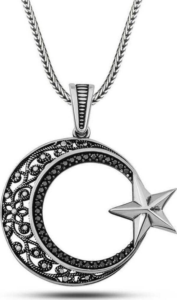 Gümüş Zirkon Taşlı Desenli Ay Yıldız Erkek Kolye  SL10710 - Image 1