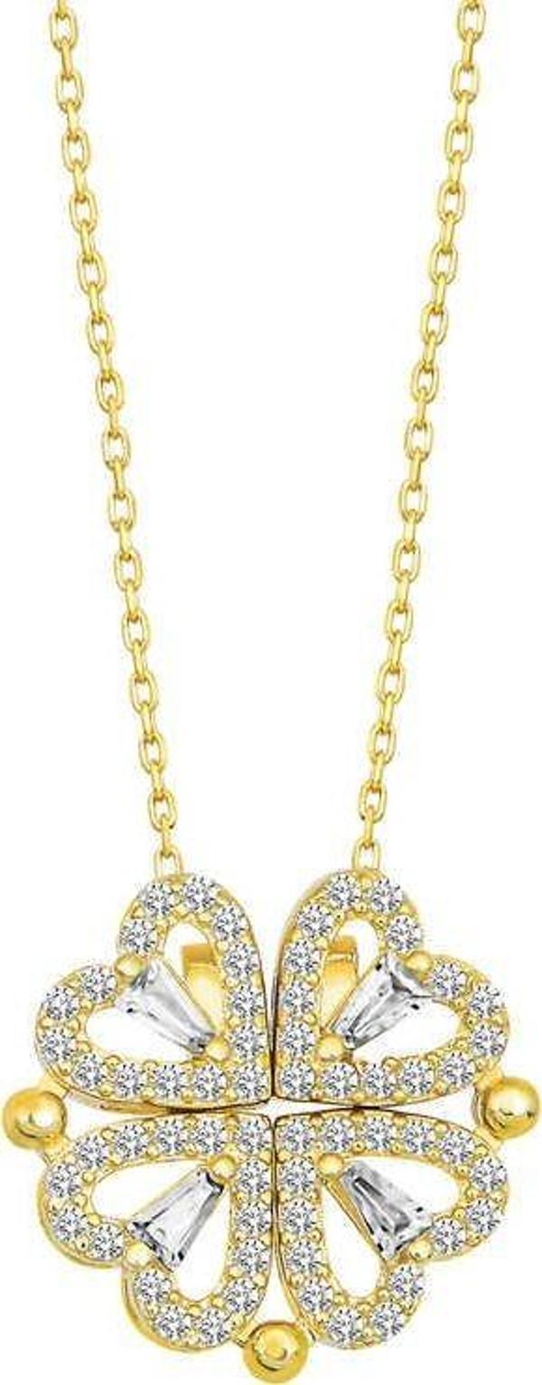 Gümüş Gold Kalpli Açılabilen Yonca Kadın Kolye SL5056 - Image 1