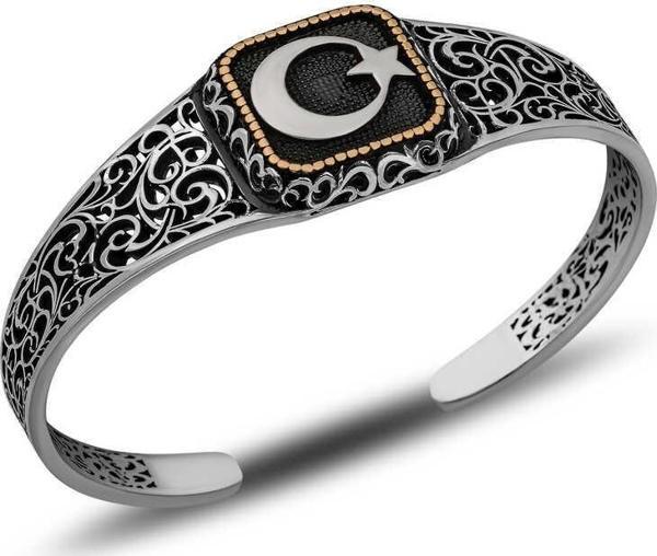 Gümüş Ay Yıldız Ayarlanabilir Kelepçe Erkek Bileklik SL10673 - Image 1