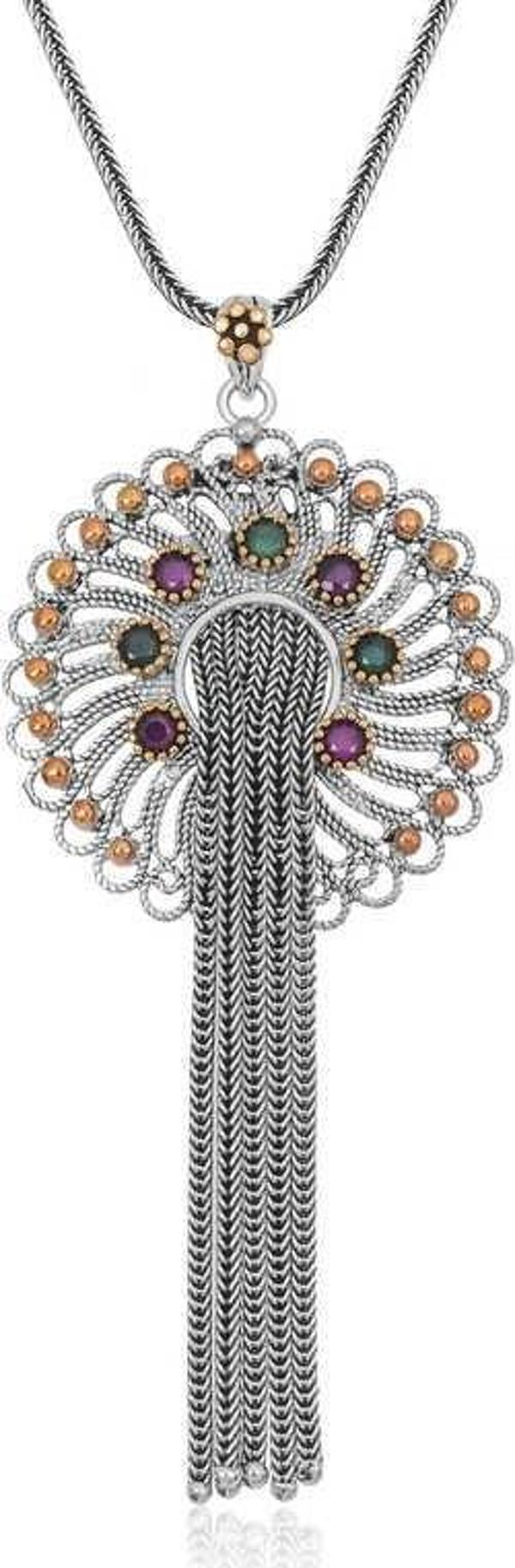 Gümüş Telkari Yakut Zümrüt Renkli Taşlı Kadın Kolye SL1882 - Image 1