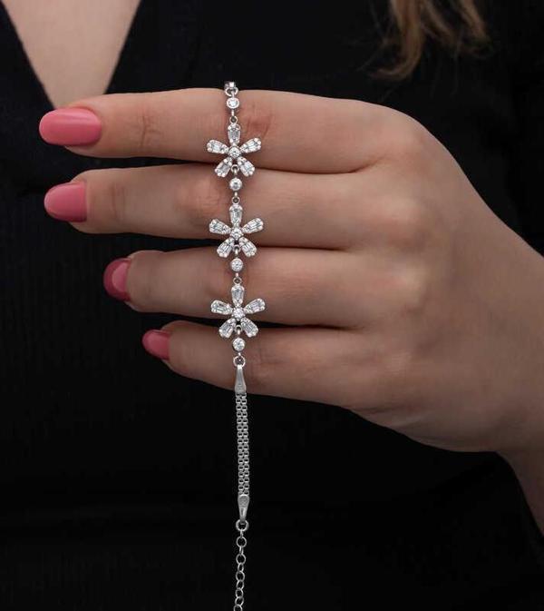 Gümüş Baget Çiçek Desenli Kadın Bileklik  SL6721 - Image 1