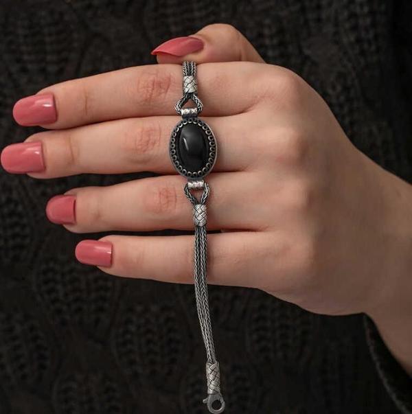 Gümüş Oniks Taşlı Kazaziye Bileklik SL7296 - Image 1