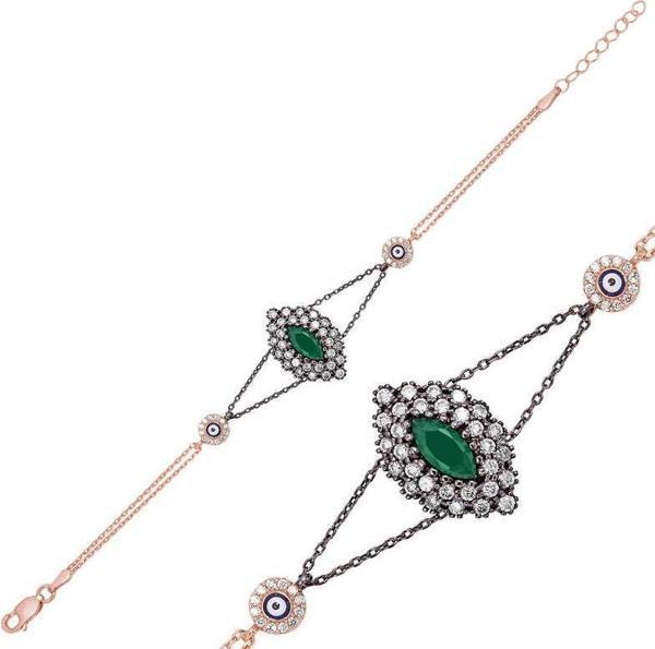 Gümüş Rose Mat Yeşil Taşlı Otantik Bileklik SL1426 - Image 1