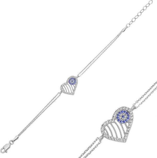 Gümüş Nazarlı Kalp Kadın Bileklik SL5749 - Image 1