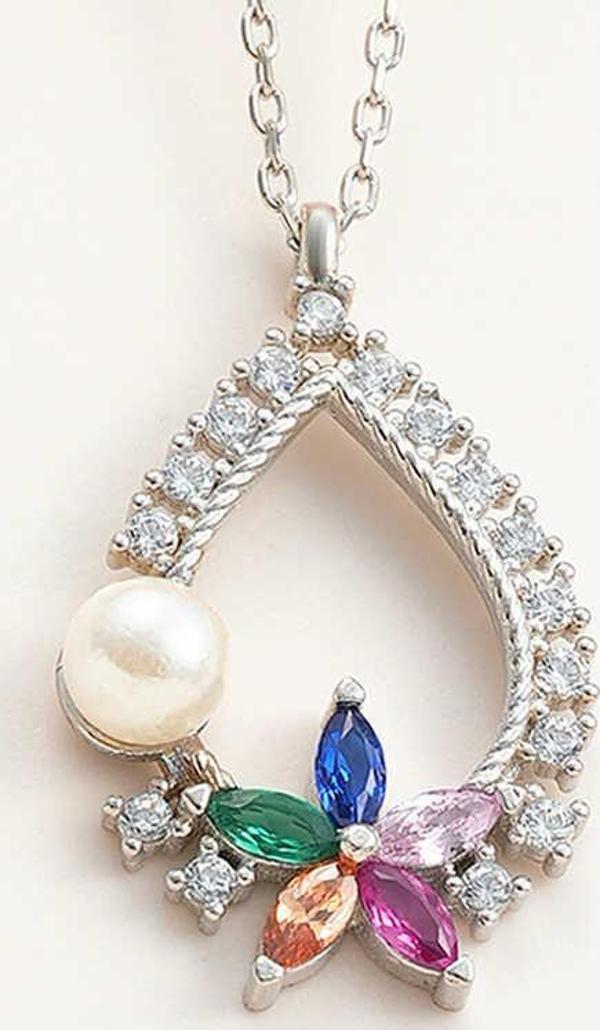 Gümüş Renkli Taşlı Çiçekli Kadın Kolye  SL5985 - Image 1