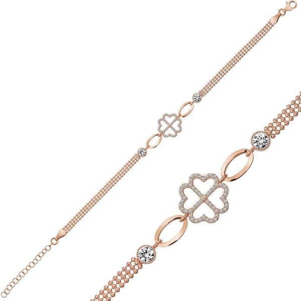 Gümüş Rose Kalpli Yonca Bileklik SL3537 - Image 1