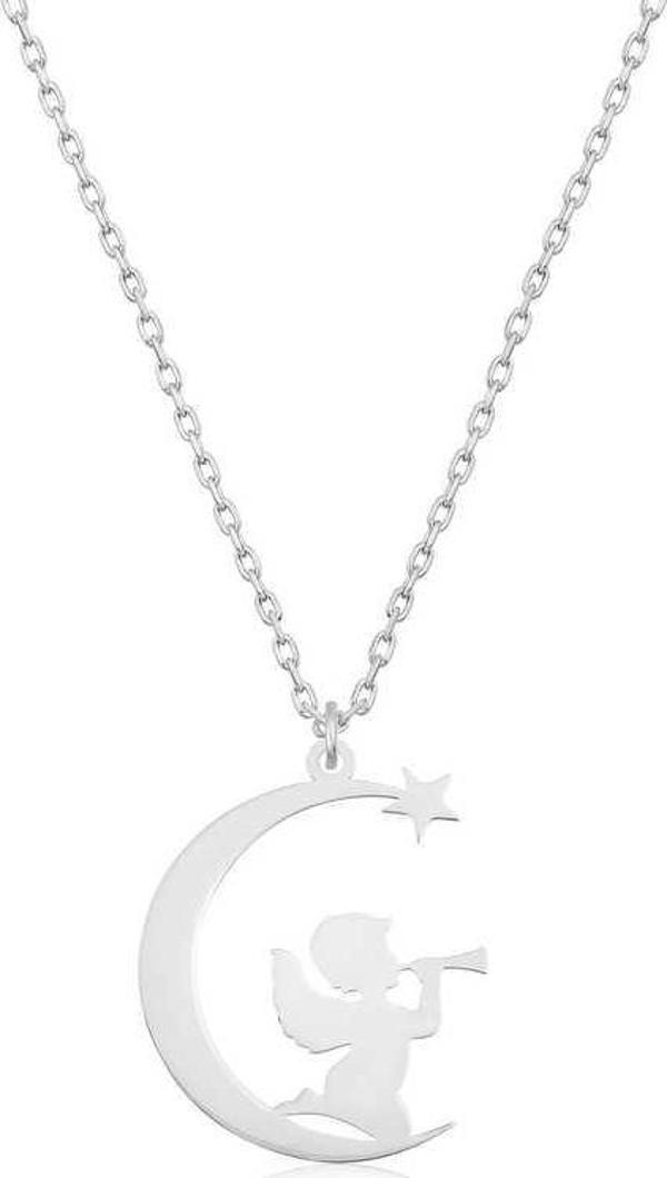Gümüş Ayda Oturan Melek Bayan Kolye SL3956 - Image 1