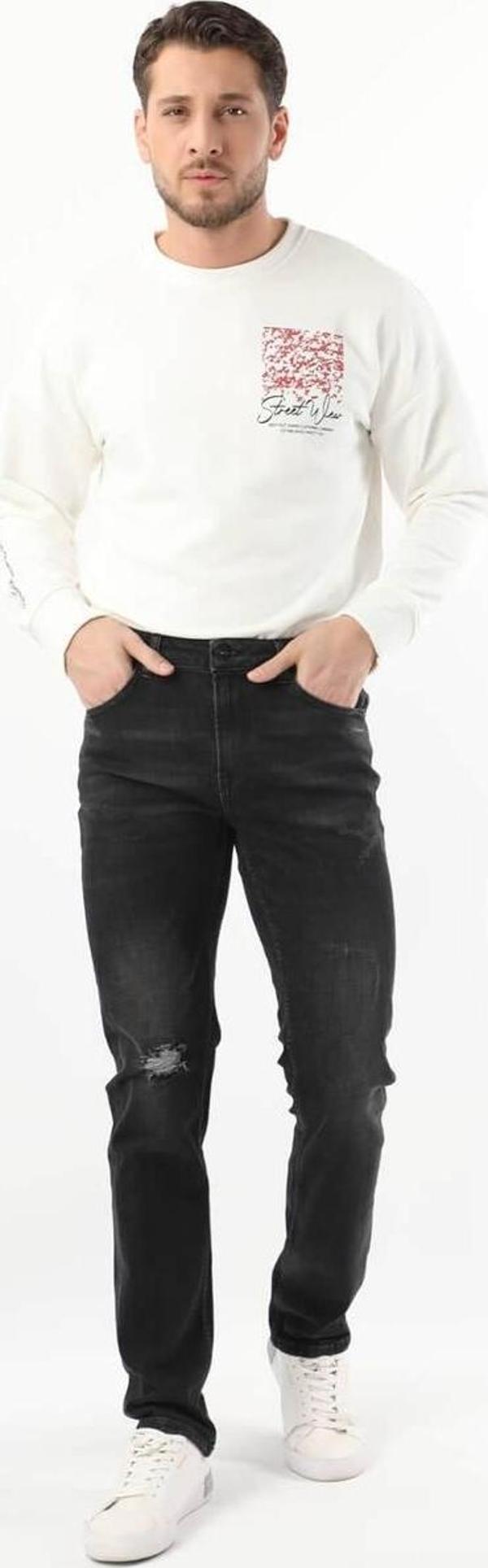 Erkek Dizi Yırtık Jean Pantolon Siyah - Image 1