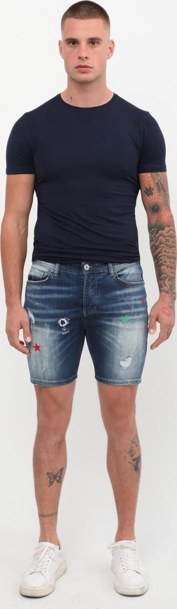 Erkek Baskı Desenli Jean Şort Koyu Mavi - Image 1