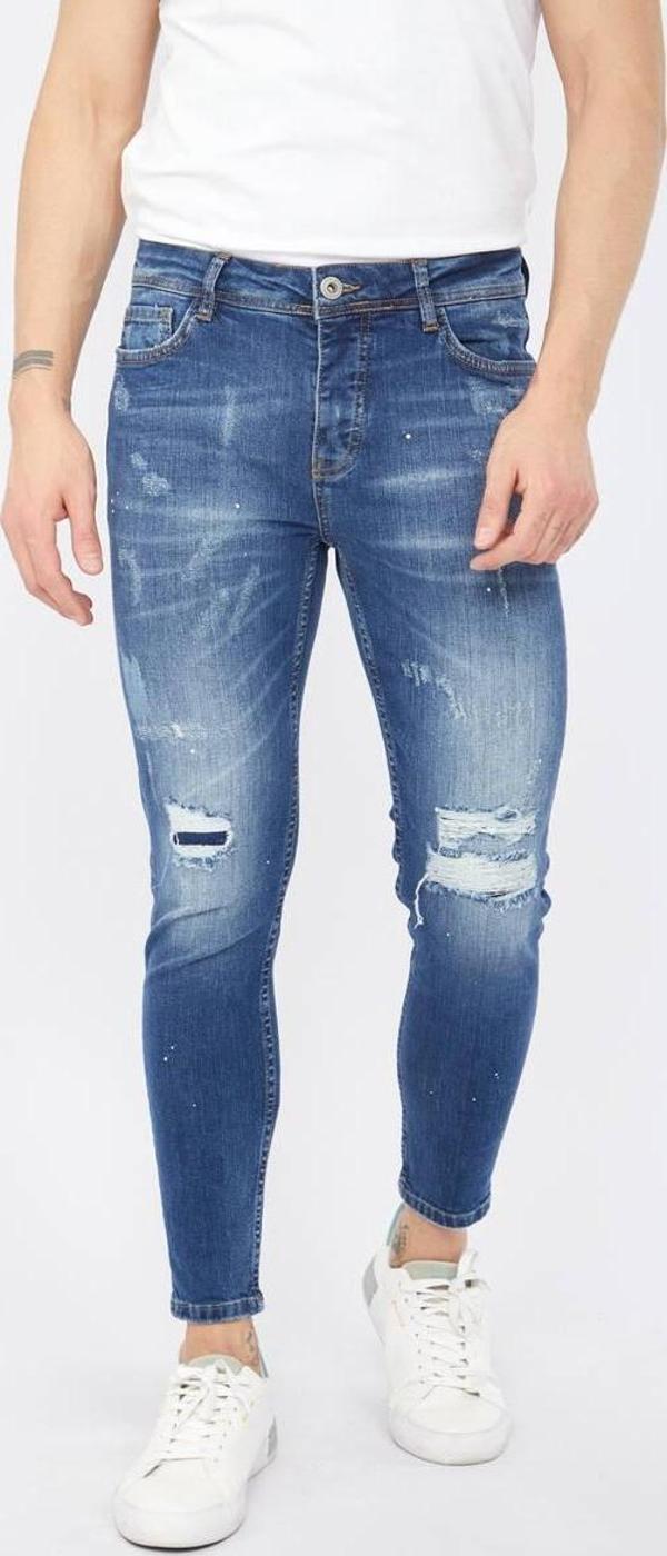 Erkek Skinny Fit Yırtık Detaylı Jean Koyu Mavi - Image 1