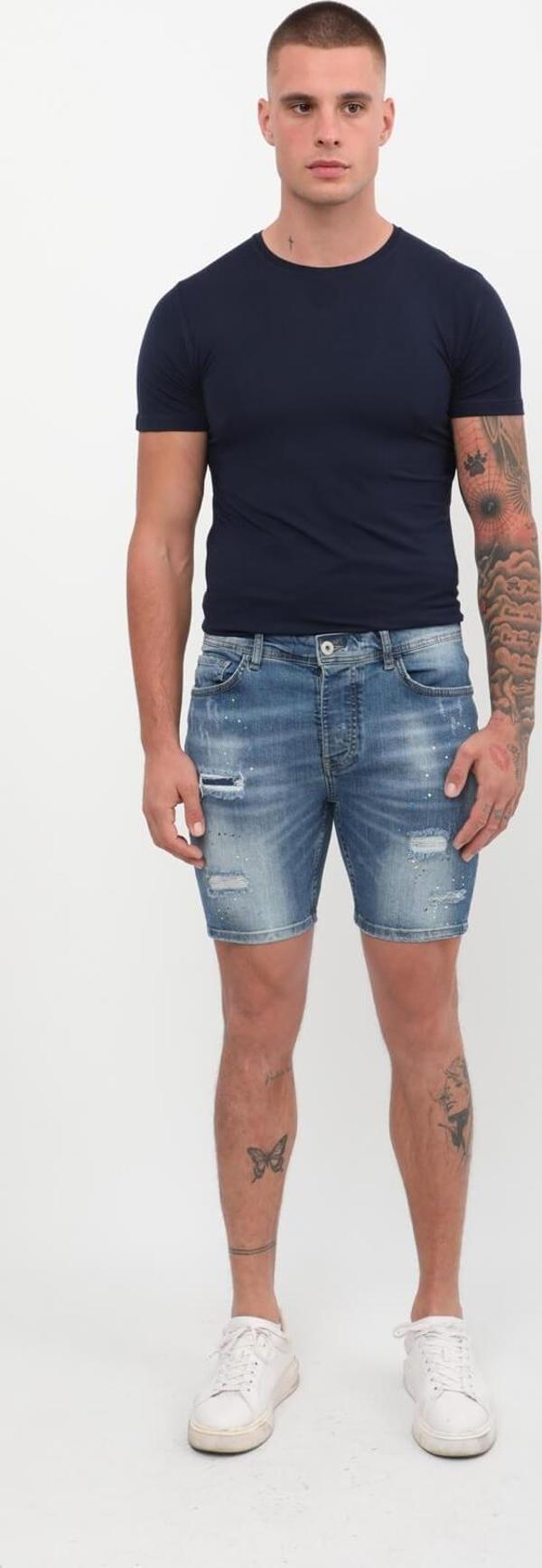 Erkek Boyalı Jean Kısa Şort Mavi - Image 1