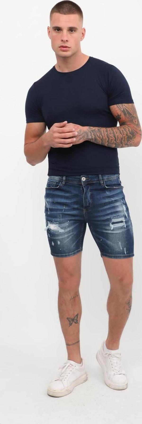 Erkek Yama Detaylı Jean Şort Koyu Mavi - Image 1